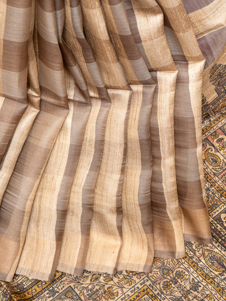 Beige Checks Pure Organza Tussar Silk Designer Saree - Clio Silks