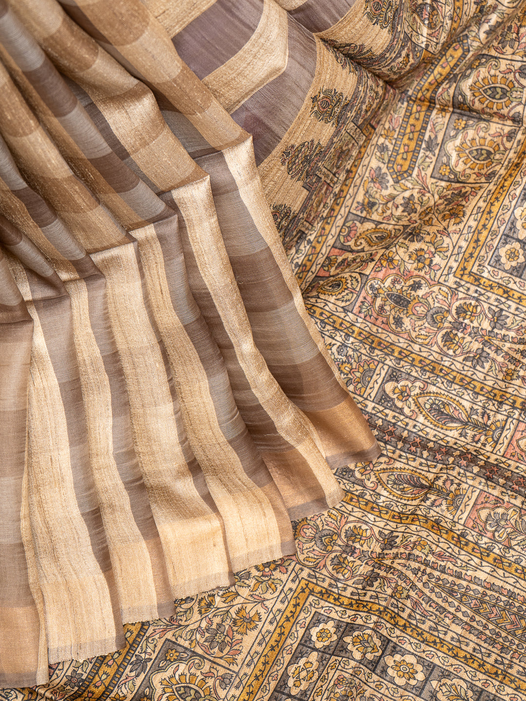 Beige Checks Pure Organza Tussar Silk Designer Saree - Clio Silks