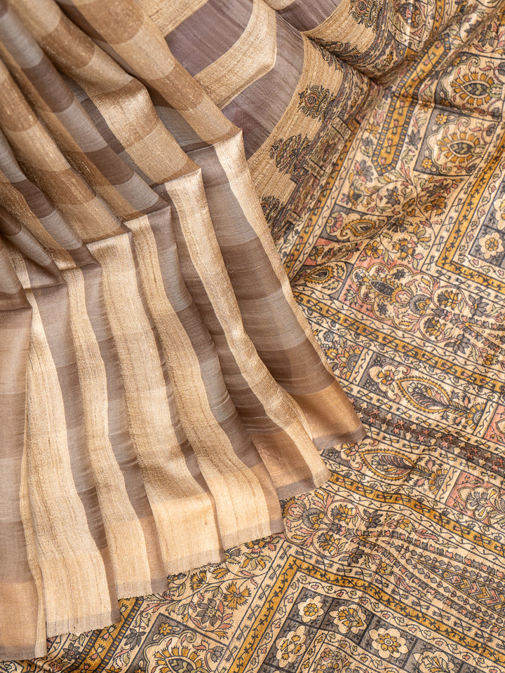 Beige Checks Pure Organza Tussar Silk Designer Saree - Clio Silks