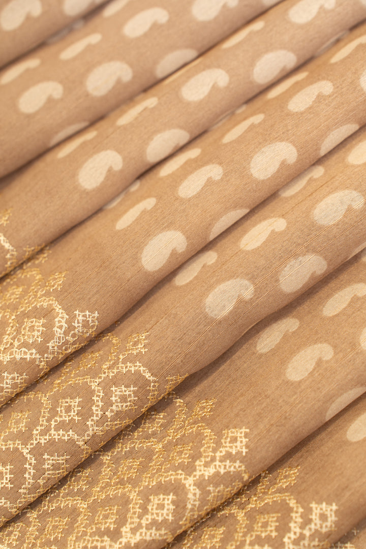 Beige mango printed embroidered border Tussar saree