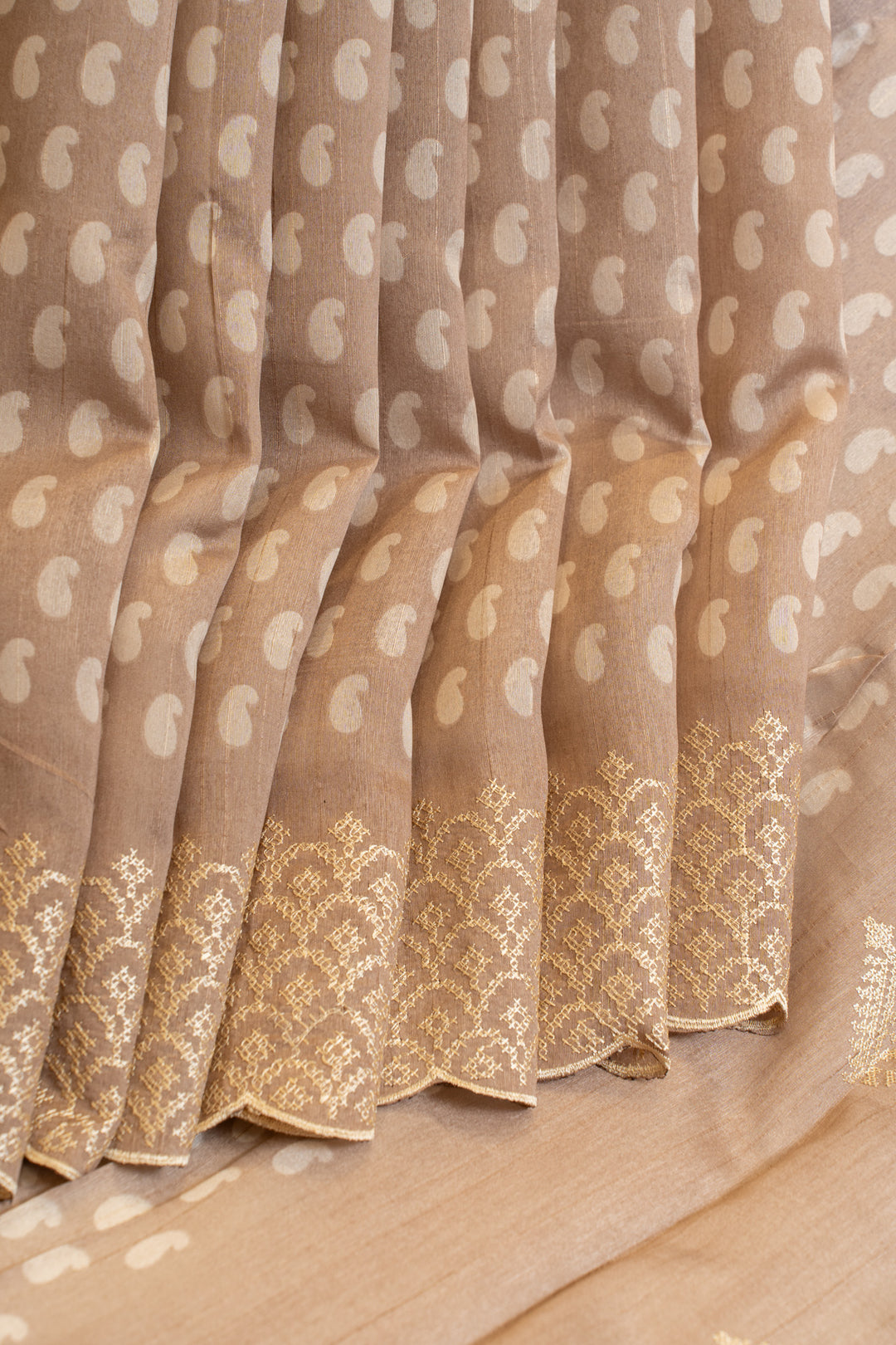 Beige mango printed embroidered border Tussar saree