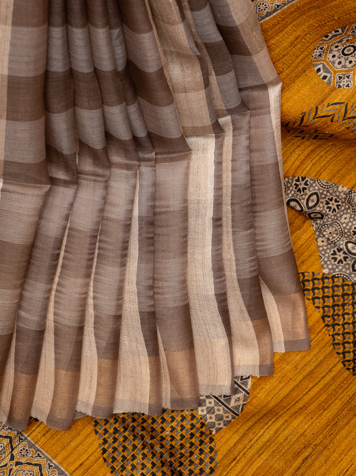 Beige Checks Pure Organza Tussar Designer Saree - Clio Silks