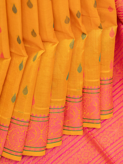 Yellow thread work pure silk cotton saree