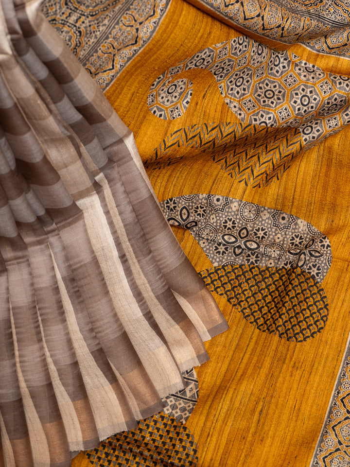 Beige Checks Pure Organza Tussar Designer Saree - Clio Silks