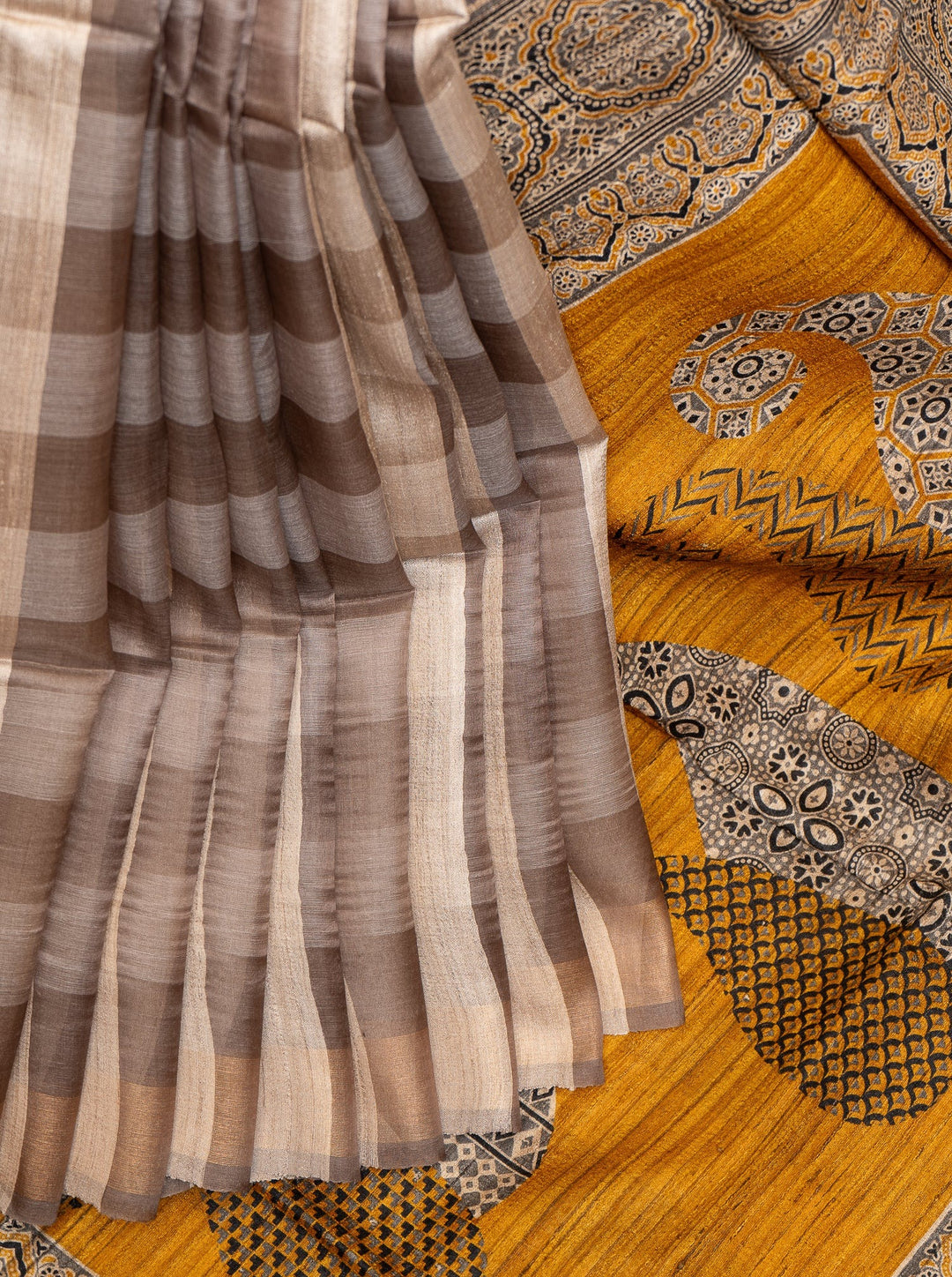 Beige Checks Pure Organza Tussar Designer Saree - Clio Silks