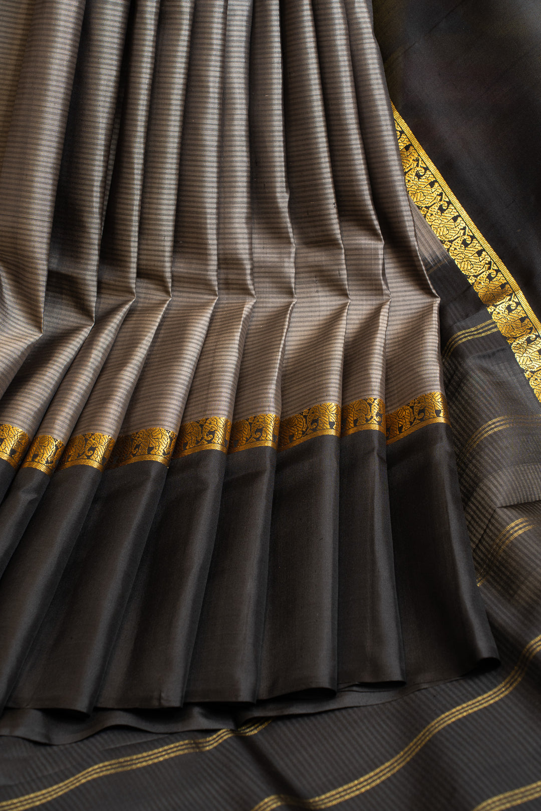 Grey and black stripes pure Kanchipuram silk saree