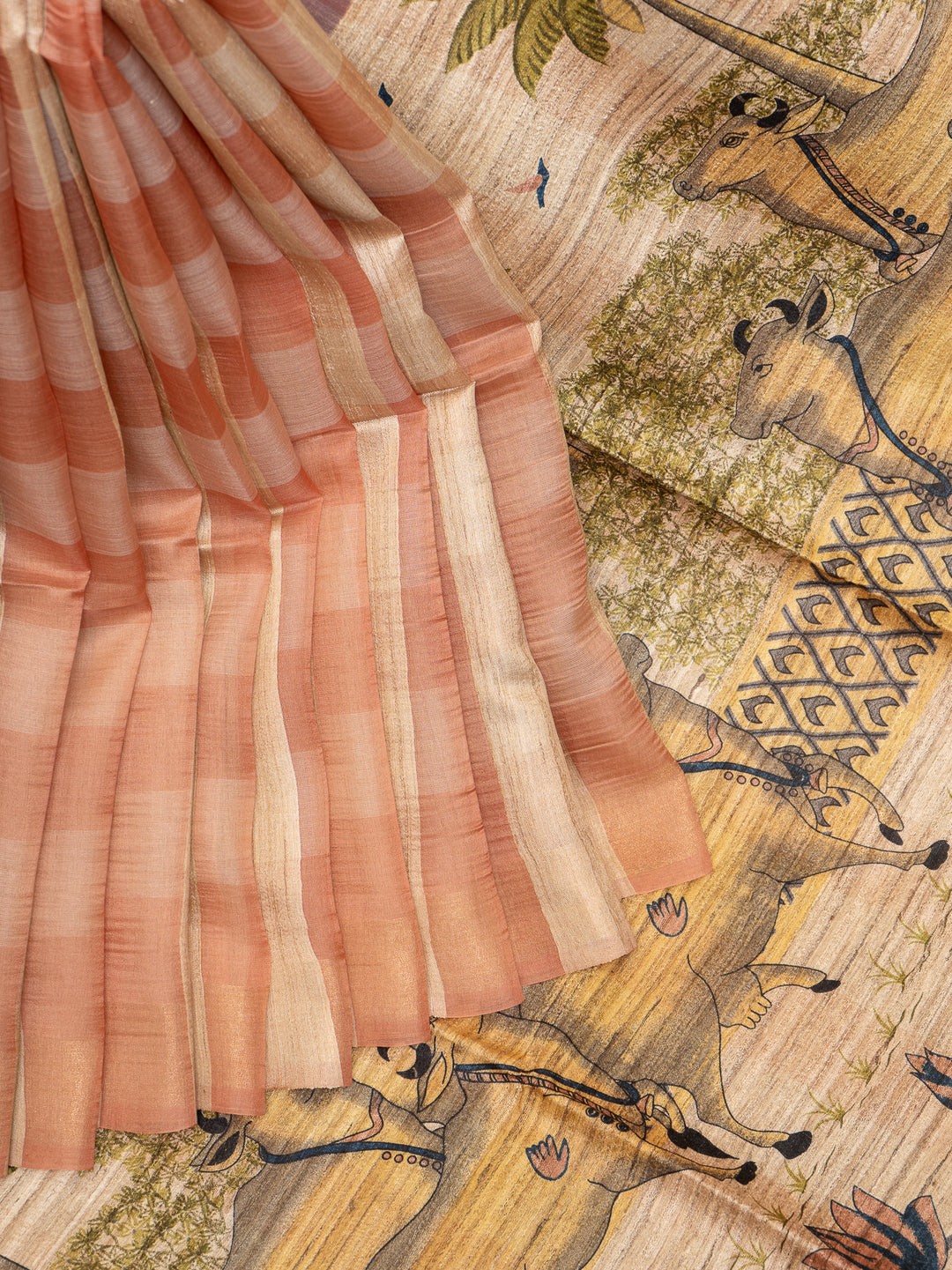 Peach and Beige Pure Organza Tussar Designer Saree - Clio Silks