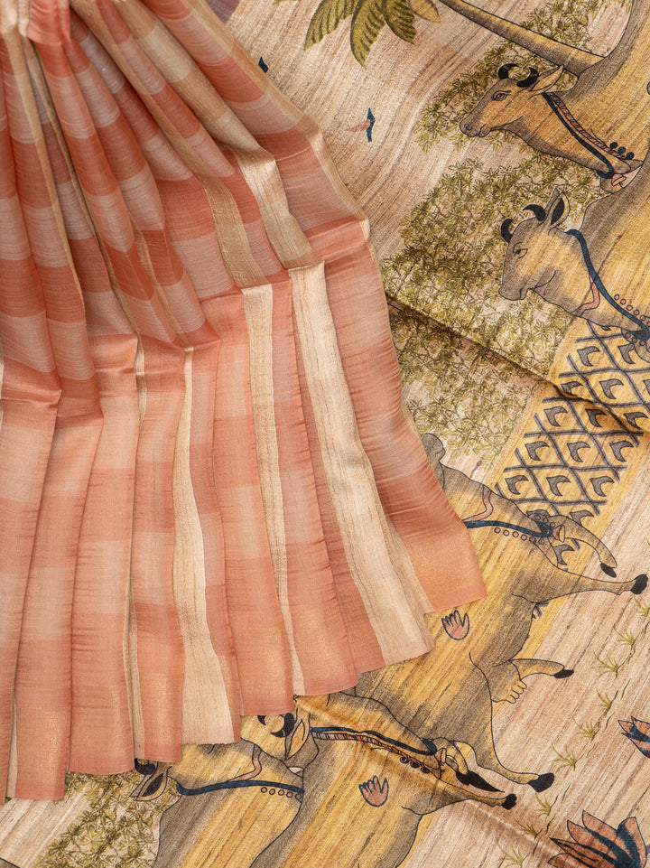 Peach and Beige Pure Organza Tussar Designer Saree - Clio Silks