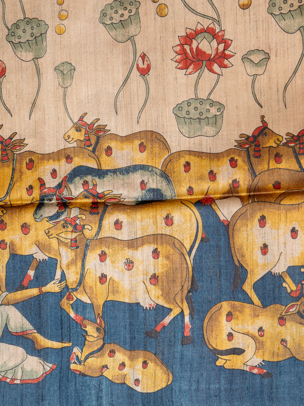 Beige Pichwai Hand Printed Pure Tussar Designer Saree - Clio Silks