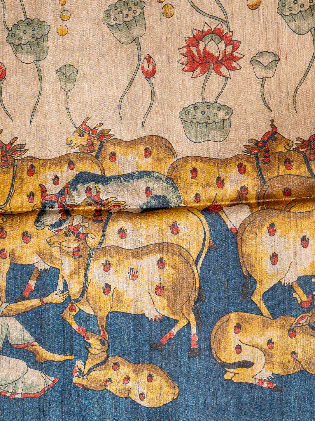 Beige Pichwai Hand Printed Pure Tussar Designer Saree - Clio Silks