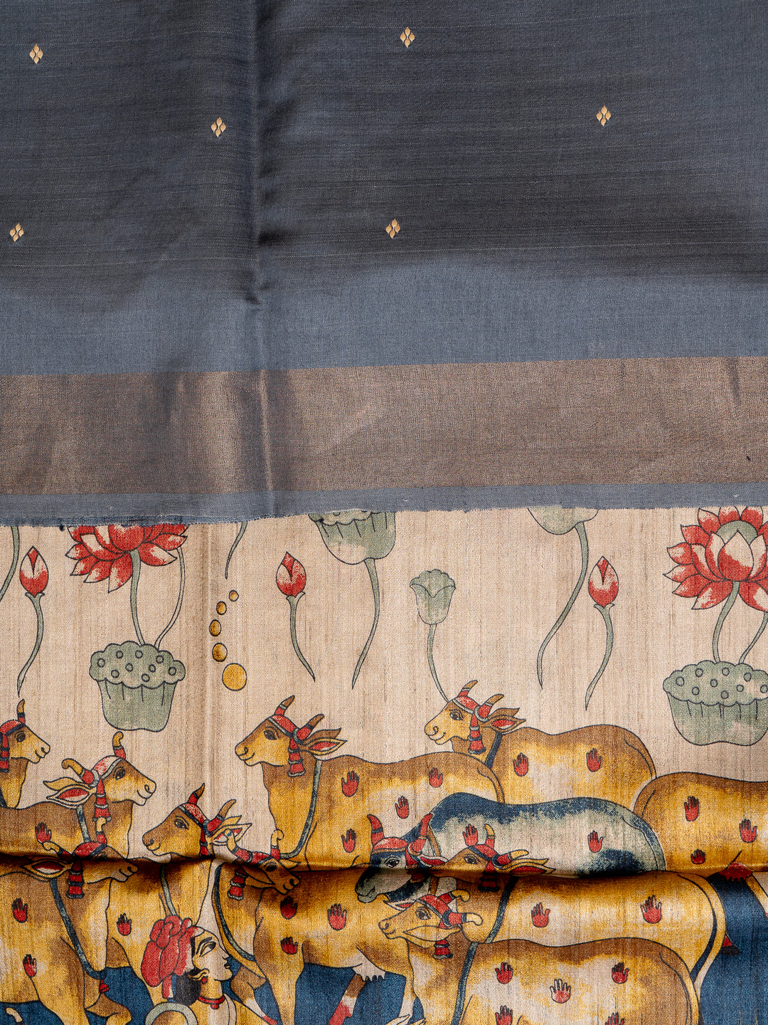 Beige Pichwai Hand Printed Pure Tussar Designer Saree - Clio Silks