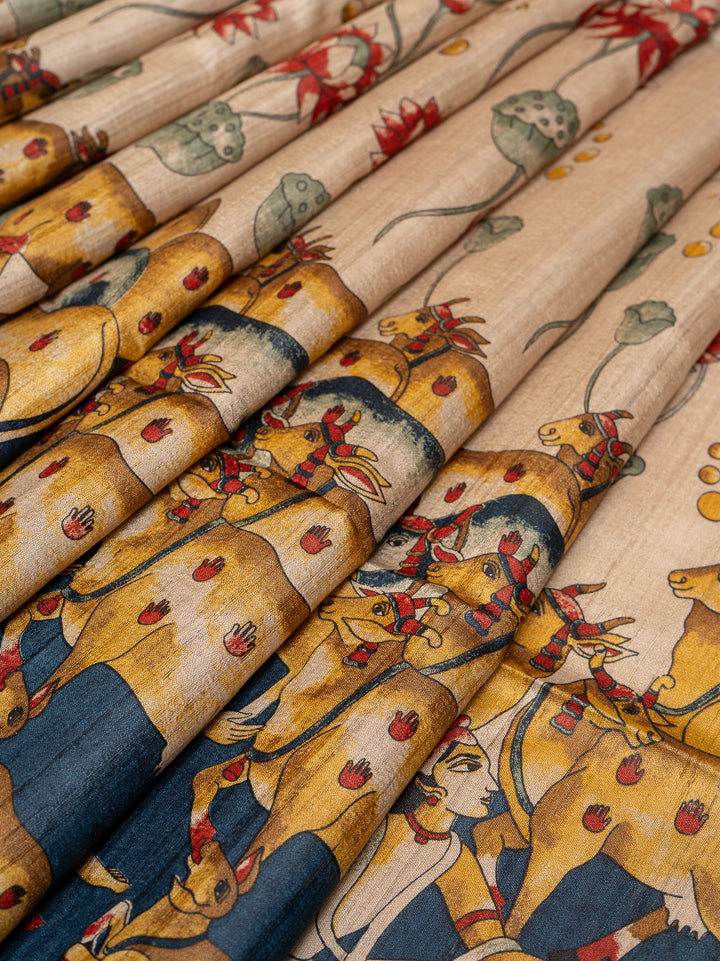 Beige Pichwai Hand Printed Pure Tussar Designer Saree - Clio Silks