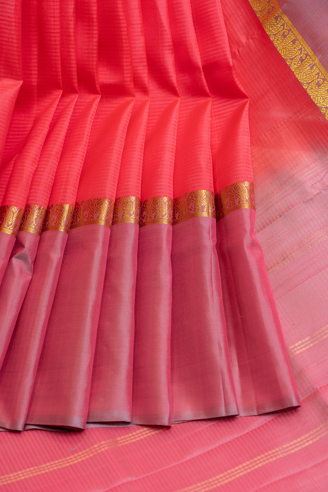 Peach pink and purple pure Kanchipuram silk saree