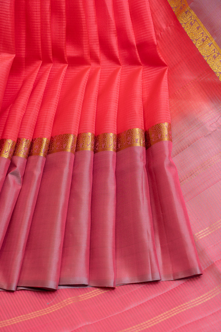 Peach pink and purple pure Kanchipuram silk saree
