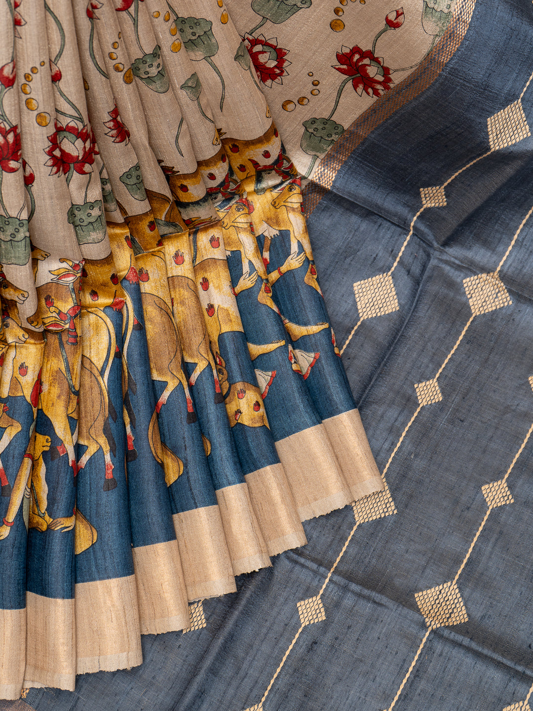 Beige Pichwai Hand Printed Pure Tussar Designer Saree - Clio Silks