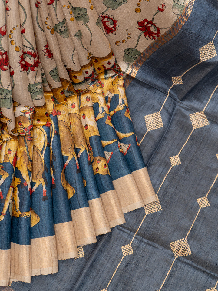 Beige Pichwai Hand Printed Pure Tussar Designer Saree - Clio Silks