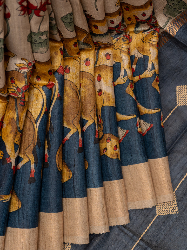 Beige Pichwai Hand Printed Pure Tussar Designer Saree - Clio Silks