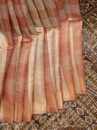 Peach Orange and Beige Pure Organza Tussar Designer Saree - Clio Silks