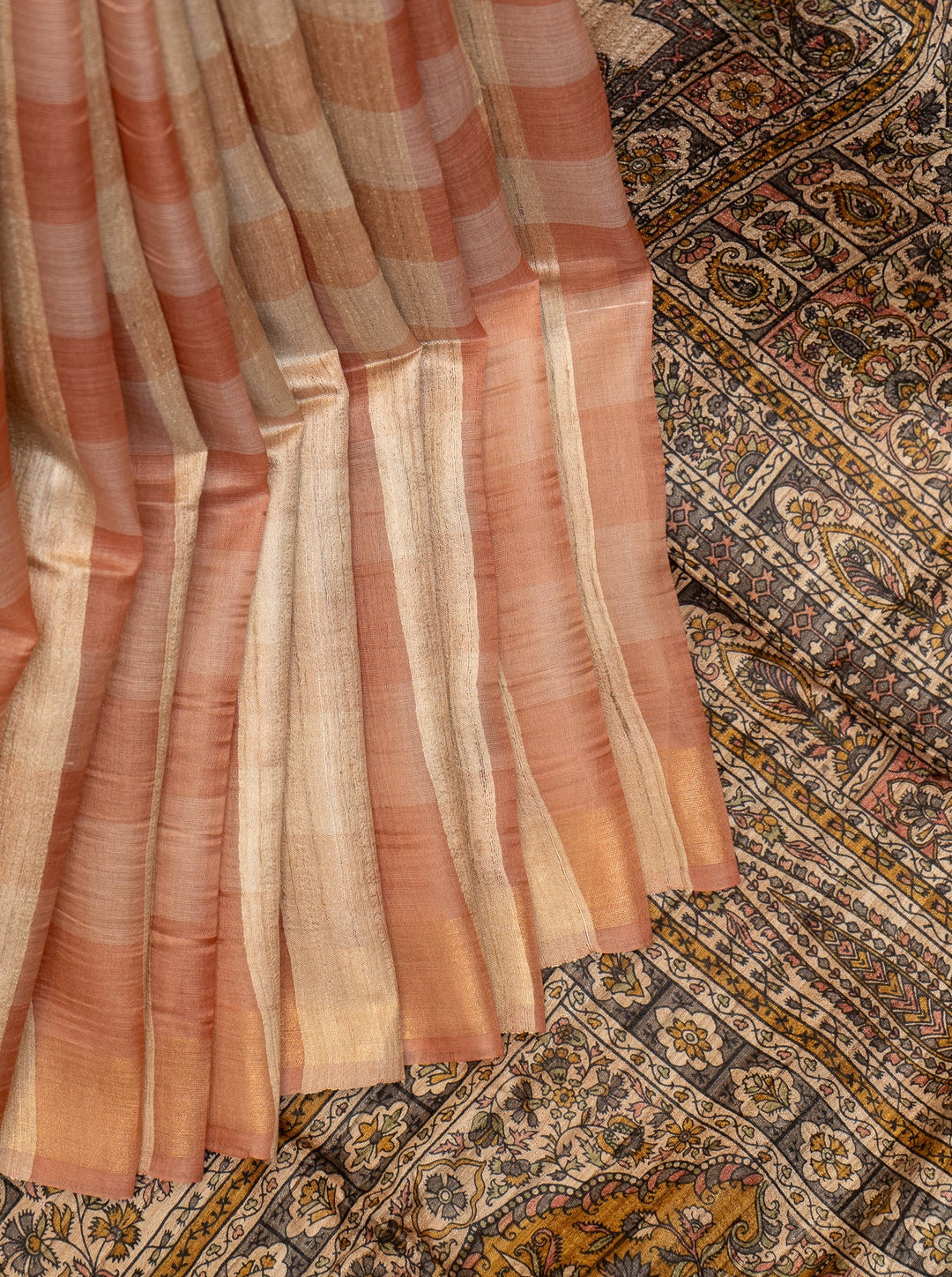 Peach Orange and Beige Pure Organza Tussar Designer Saree - Clio Silks