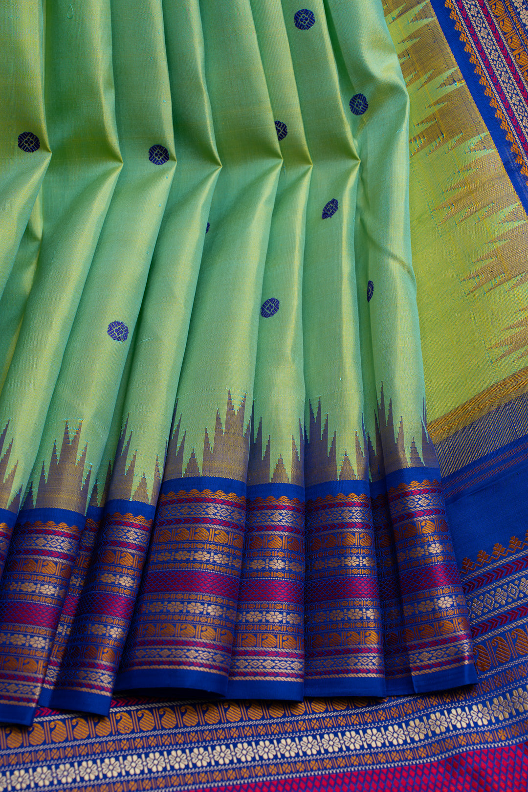 Cyan green and blue thread work Kanchipuram silk saree