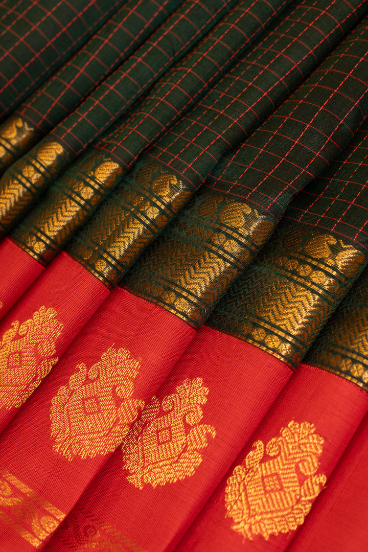 Bottle green thread checks pure silk cotton saree