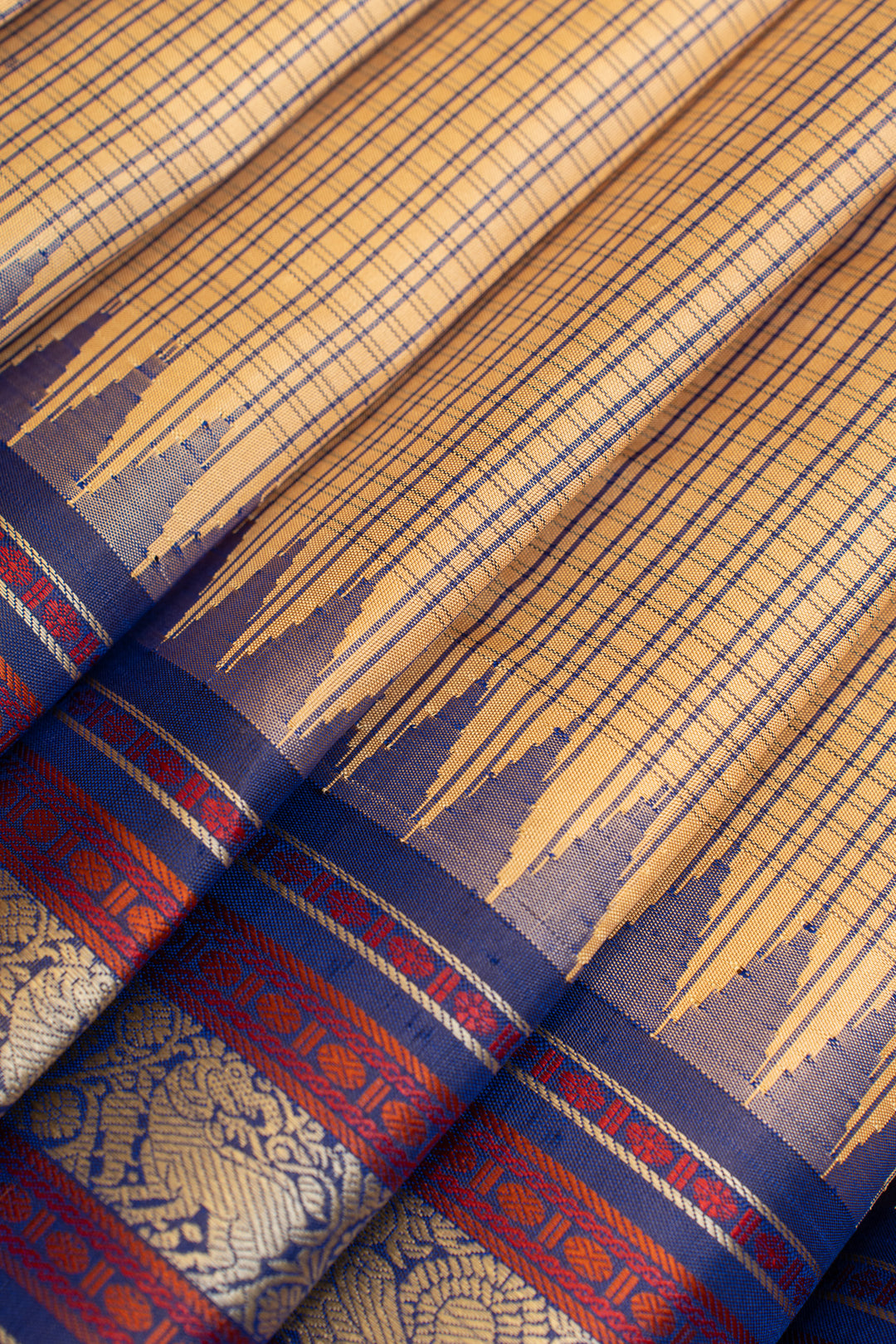 Beige and blue checks thread Varisaipettu pure Kanchipuram silk saree
