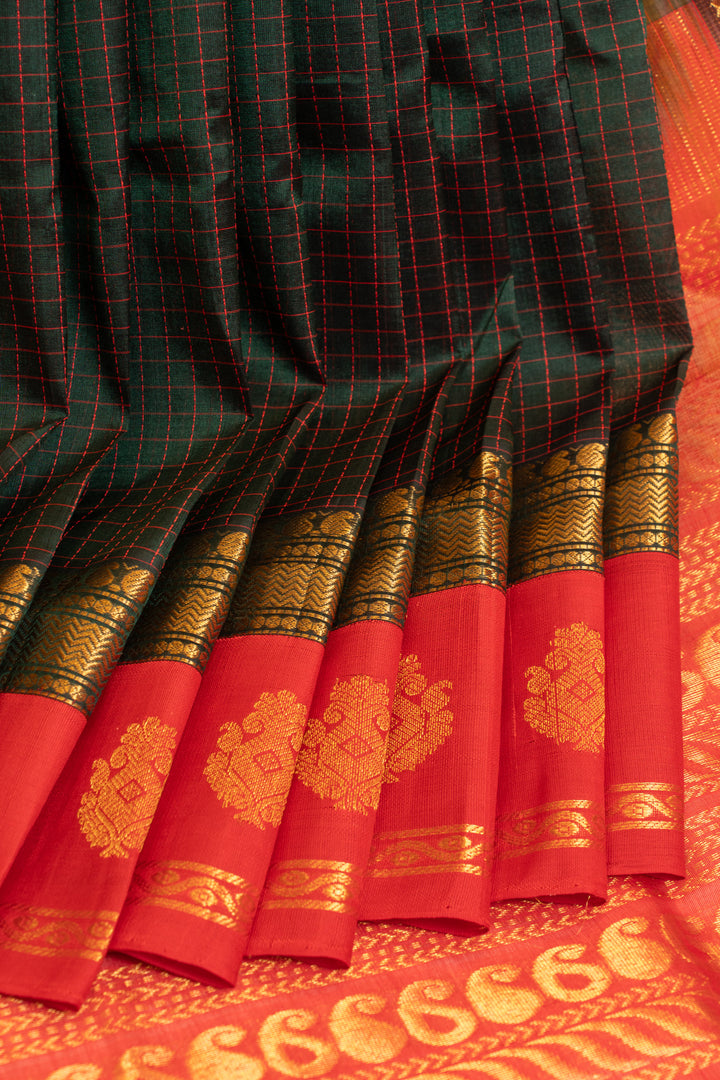 Bottle green thread checks pure silk cotton saree