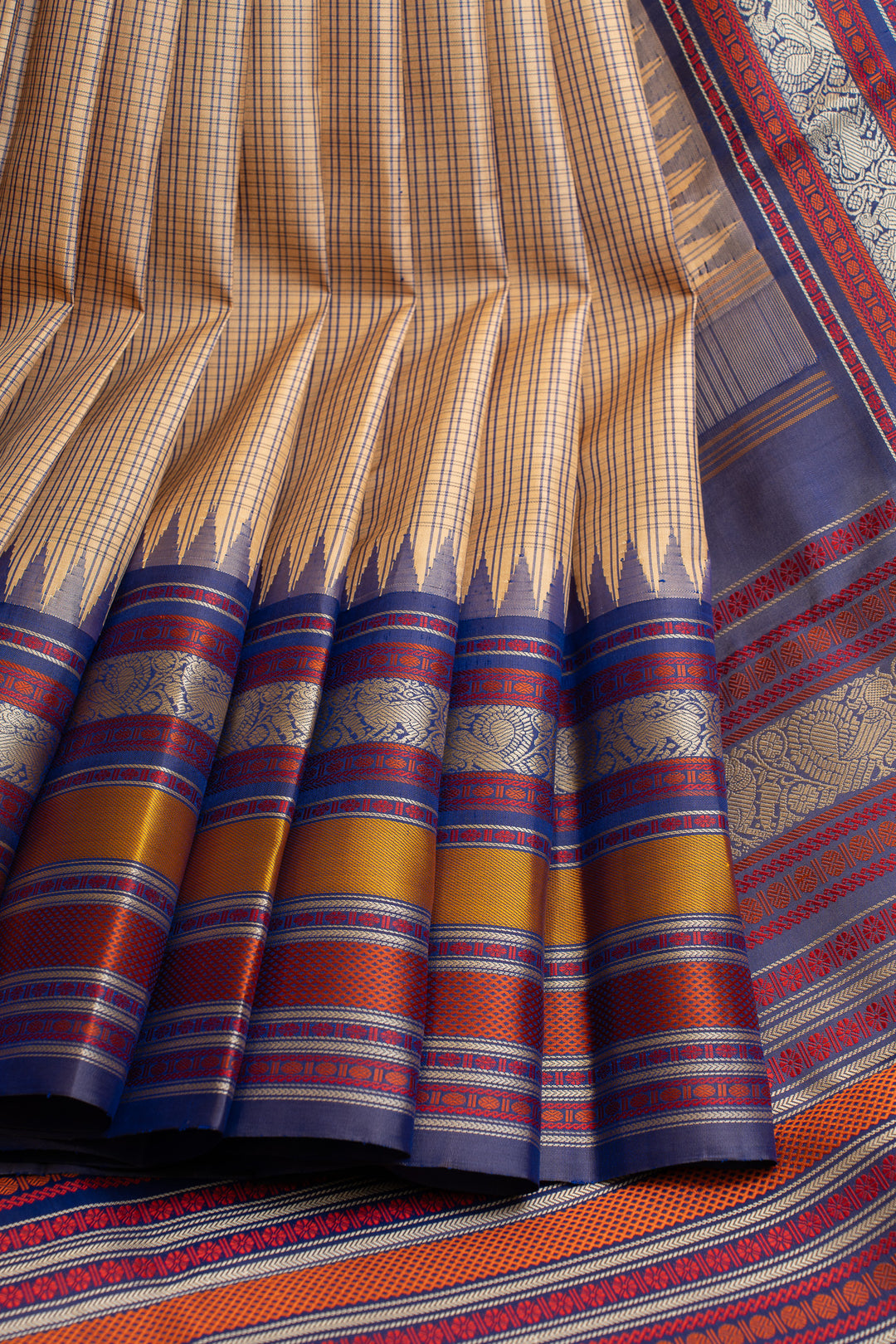 Beige and blue checks thread Varisaipettu pure Kanchipuram silk saree