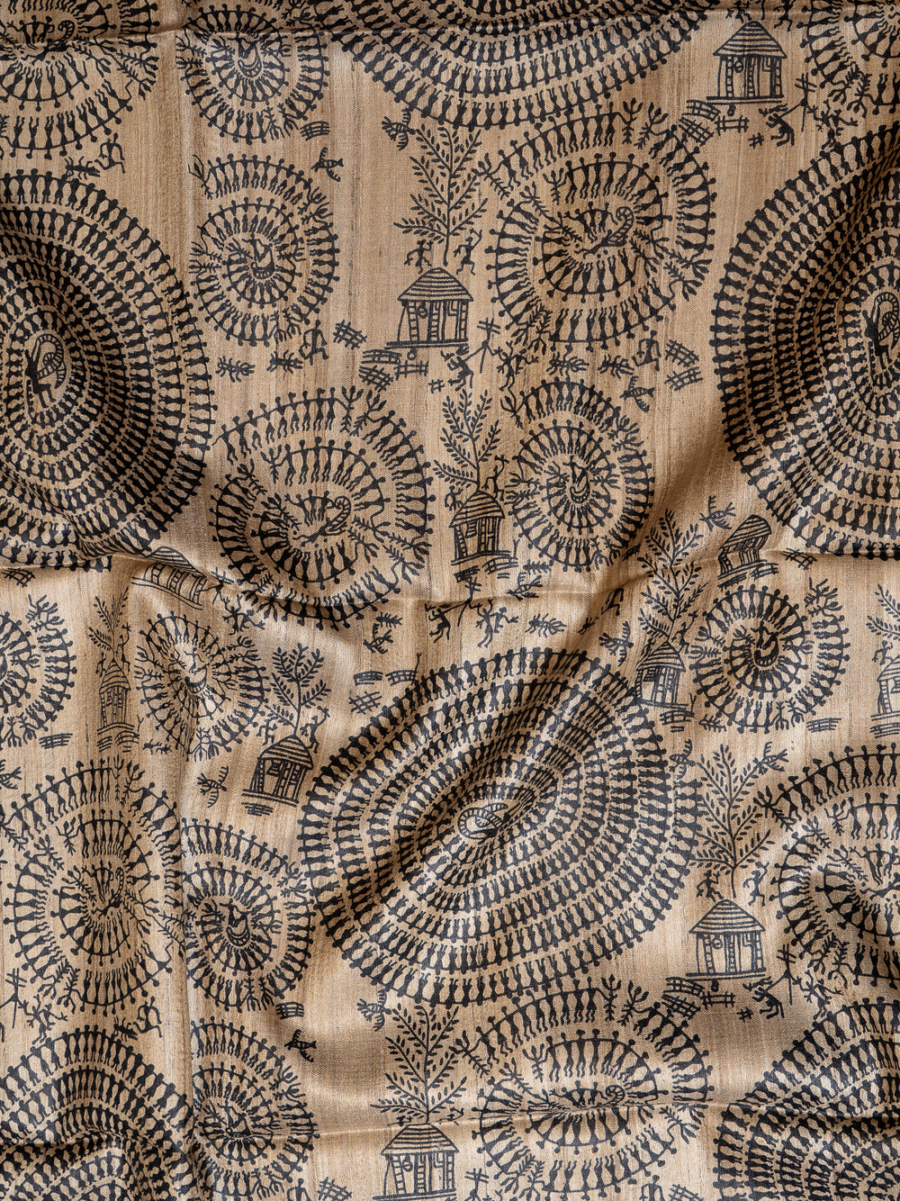 Beige and Black Warli Hand-Printed Pure Tussar Saree - Clio Silks