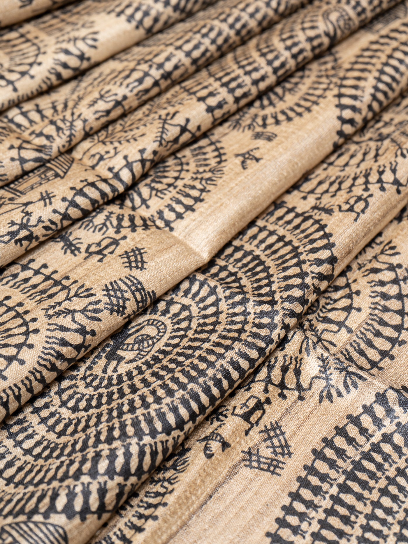 Beige and Black Warli Hand-Printed Pure Tussar Saree - Clio Silks