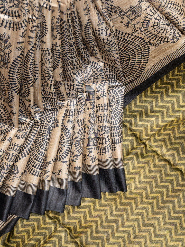 Beige and Black Warli Hand-Printed Pure Tussar Saree - Clio Silks