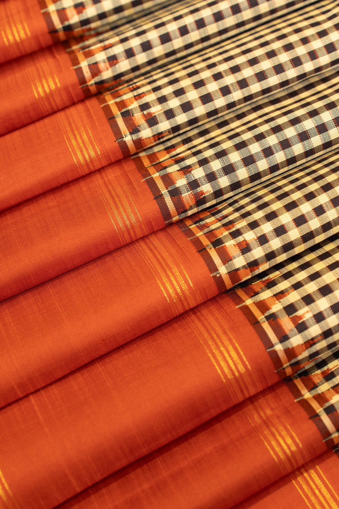 Black and white checks orange rettai pettu pure zari Kanchipuram silk saree