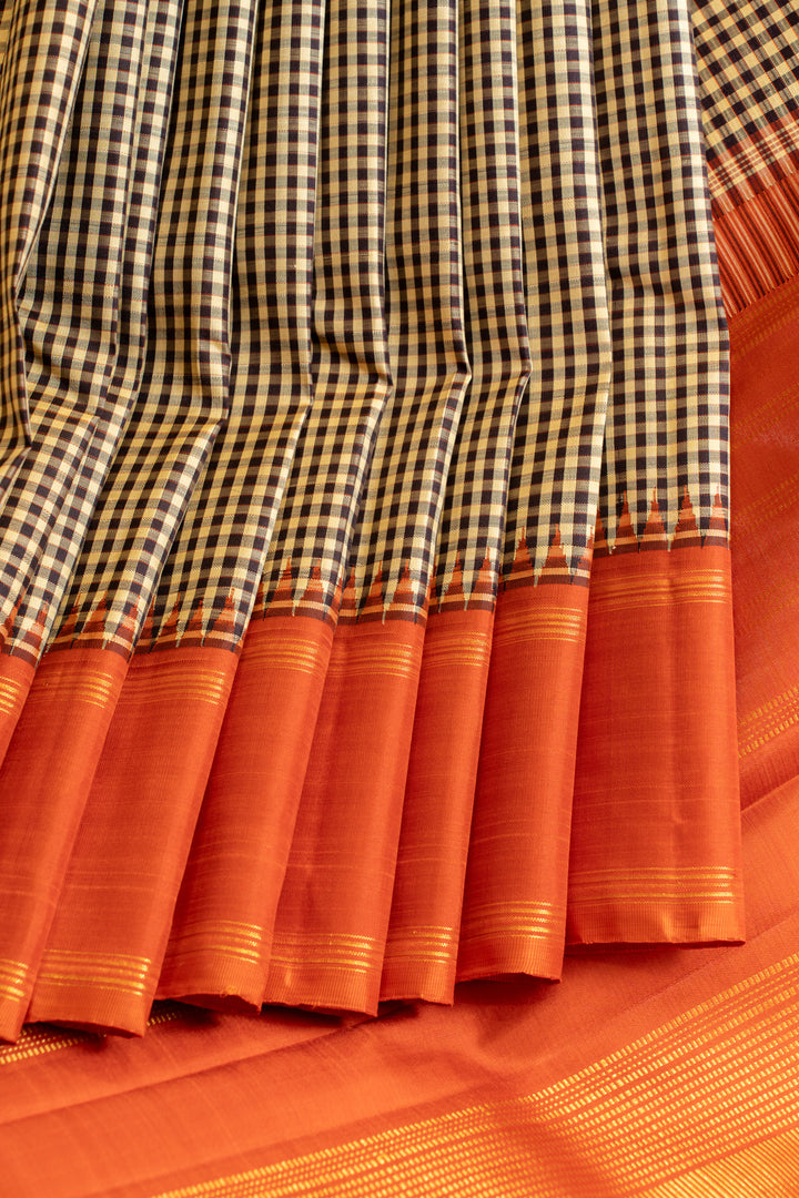 Black and white checks orange rettai pettu pure zari Kanchipuram silk saree