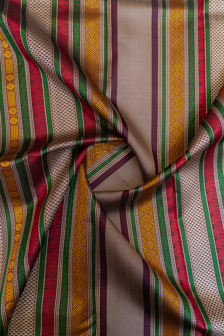 Beige and jamun threadwork pure Kanchipuram silk saree