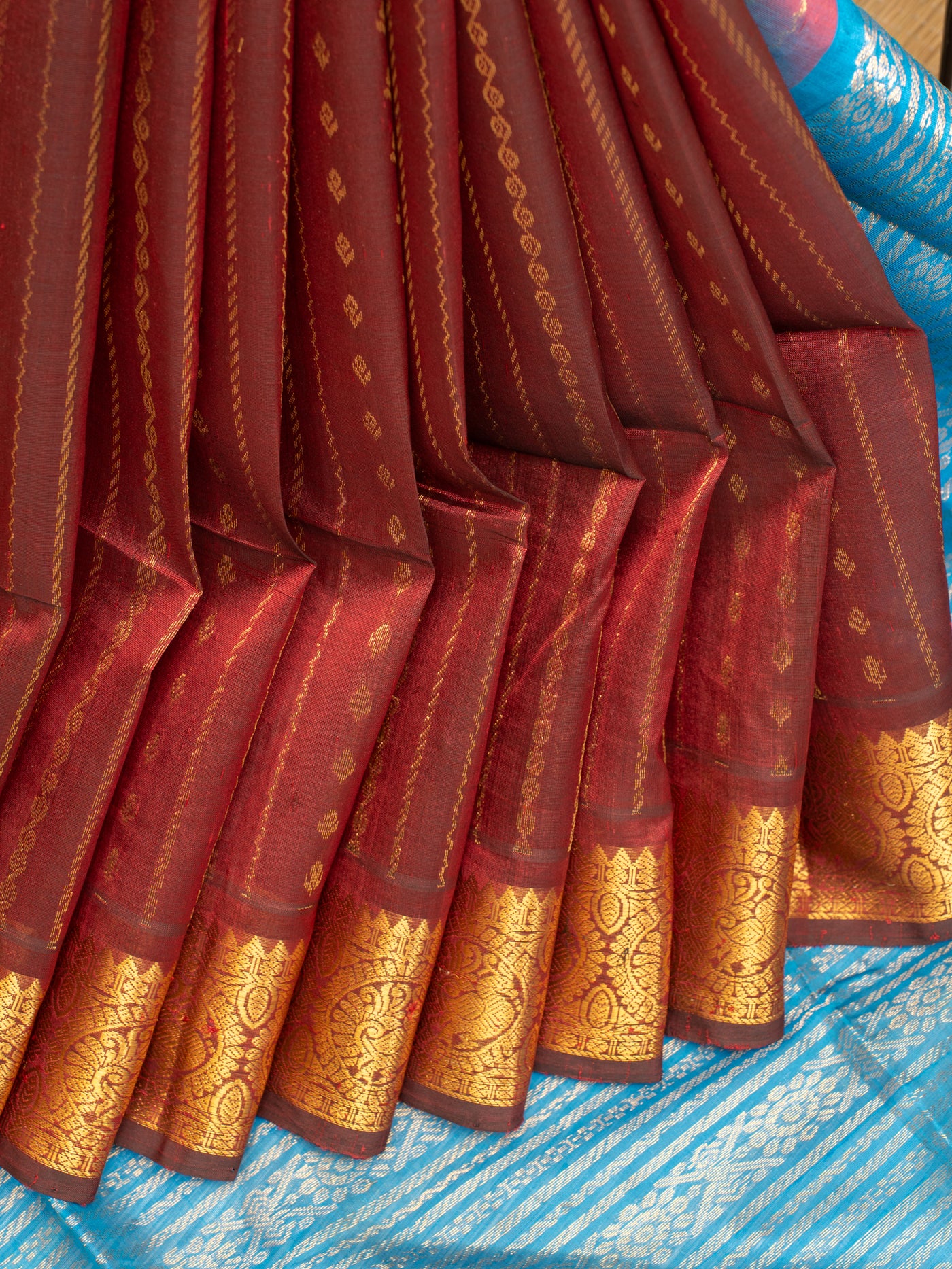 Maroon and sulphate blue pure silk cotton saree