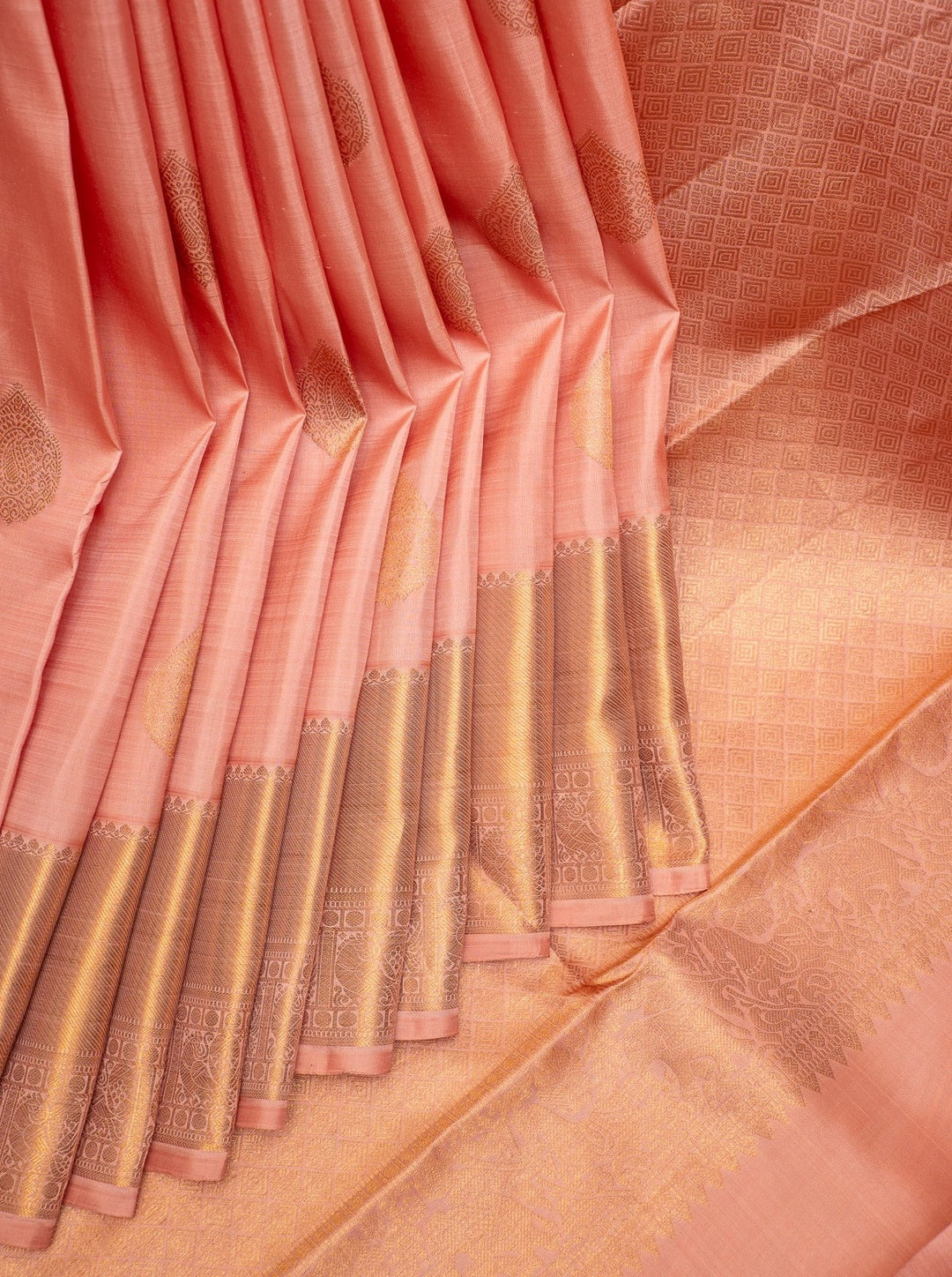 Salmon Peach Pastel Pure Kanchipuram Silk Saree - Clio Silks