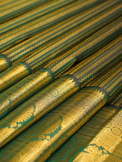 Bottle Green Zari Stripes Brocade Kanchipuram Silk Saree