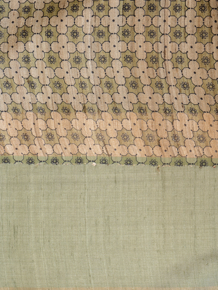 Mint Green Hand Printed Pure Tussar Silk Saree - Clio Silks
