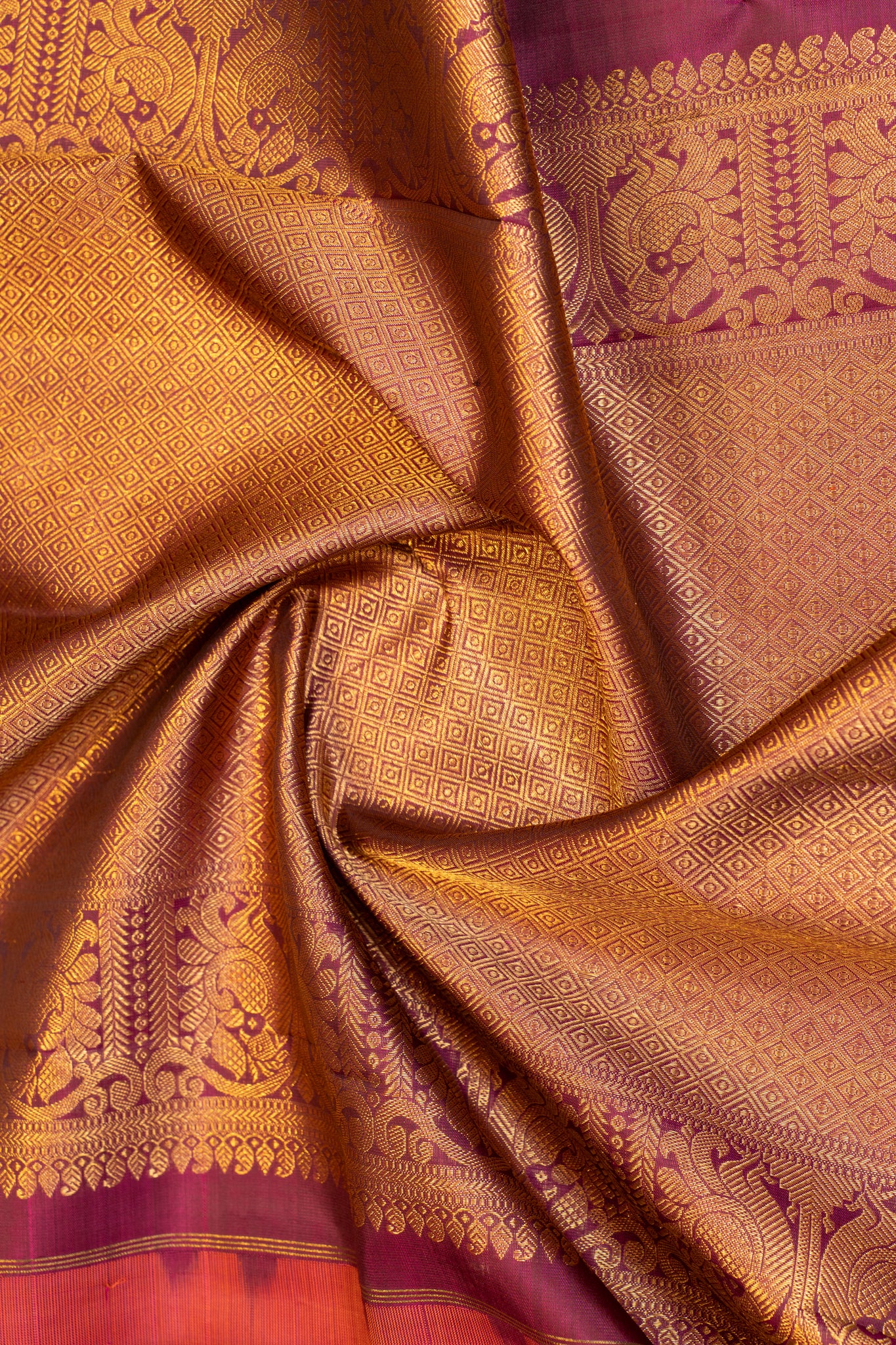 Salmon peach and jamun pure zari twill Kanchipuram silk saree