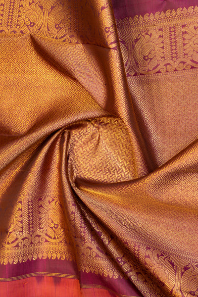 Salmon peach and jamun pure zari twill Kanchipuram silk saree