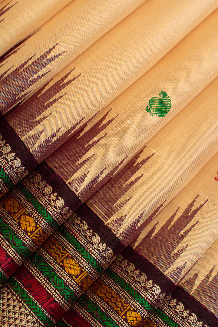 Beige and jamun threadwork pure Kanchipuram silk saree