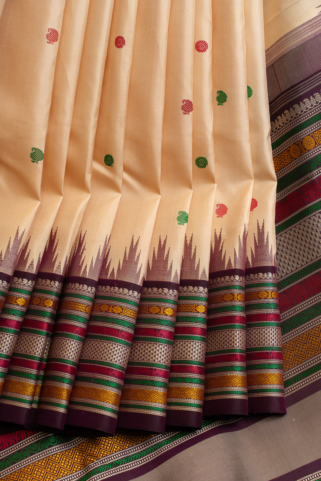 Beige and jamun threadwork pure Kanchipuram silk saree