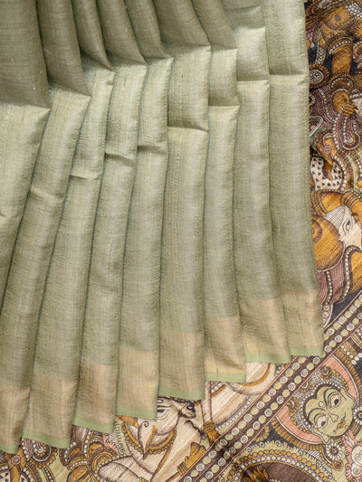 Mint Green Hand Printed Pure Tussar Silk Saree - Clio Silks