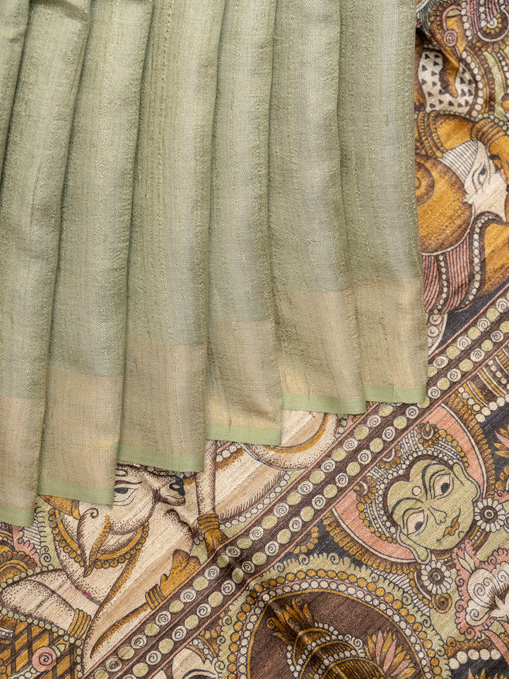 Mint Green Hand Printed Pure Tussar Silk Saree - Clio Silks