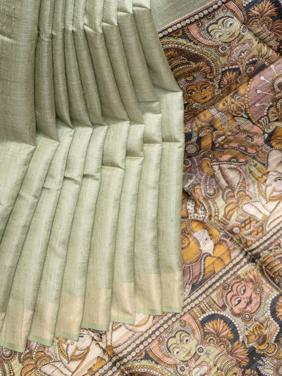Mint Green Hand Printed Pure Tussar Silk Saree - Clio Silks