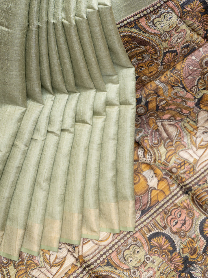 Mint Green Hand Printed Pure Tussar Silk Saree - Clio Silks