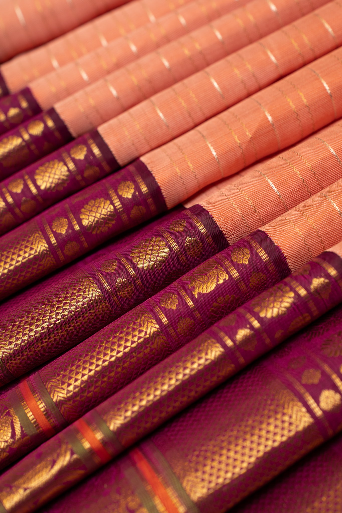 Salmon peach and jamun pure zari twill Kanchipuram silk saree