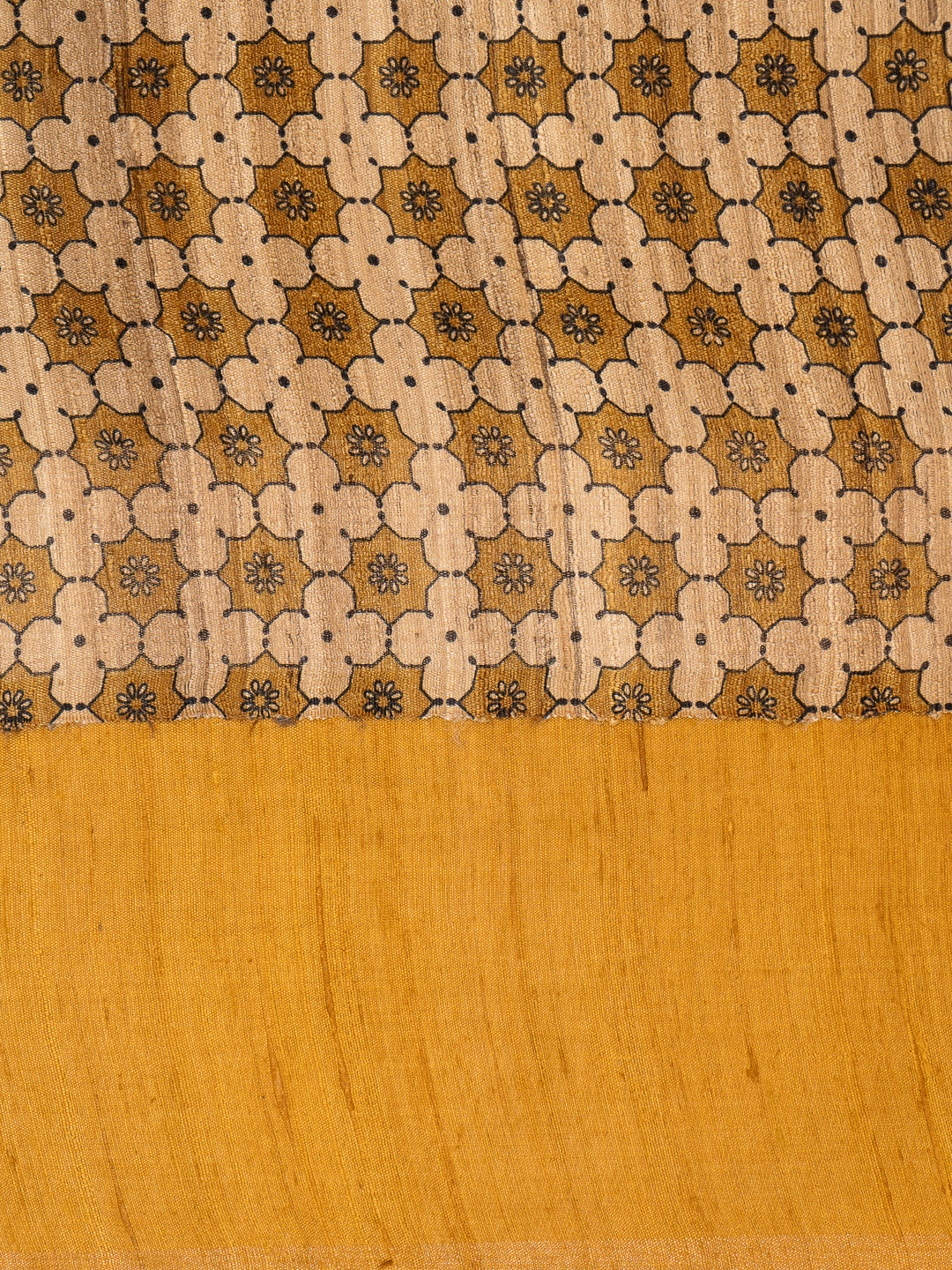 Mustard Yellow Hand Printed Pure Tussar Saree - Clio Silks
