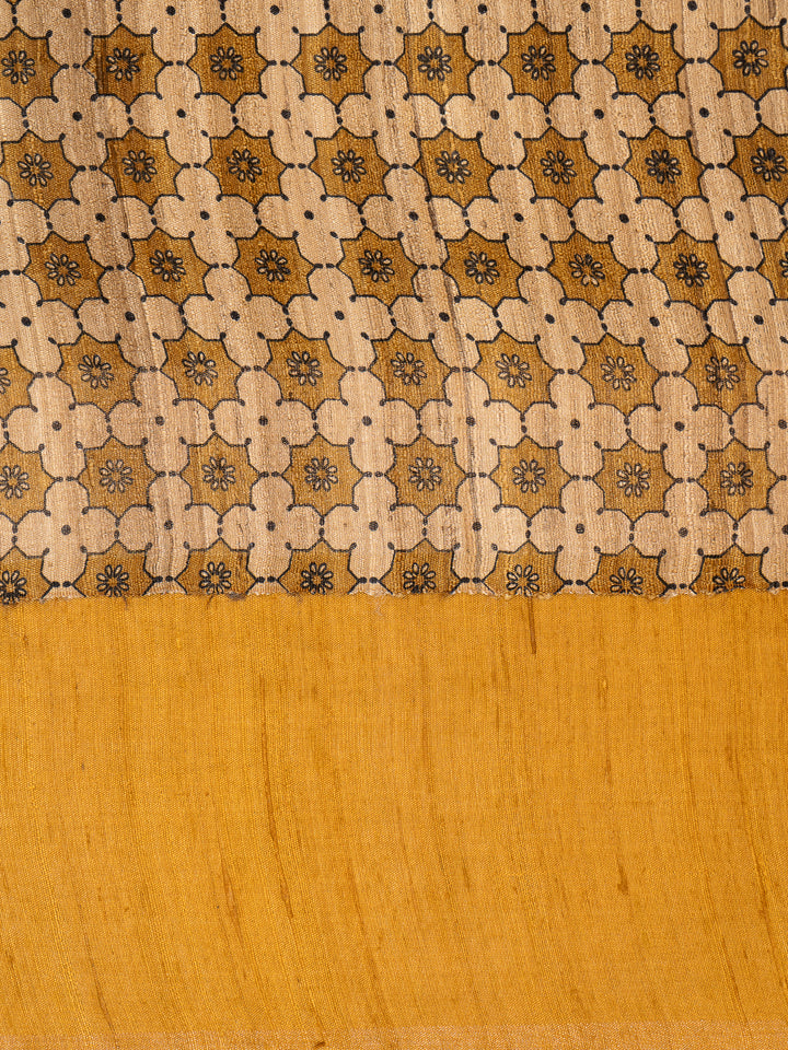 Mustard Yellow Hand Printed Pure Tussar Saree - Clio Silks