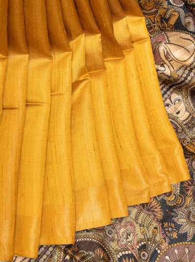 Mustard Yellow Hand Printed Pure Tussar Saree - Clio Silks